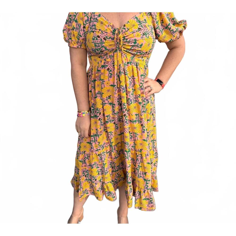 NEW VOY drawstring tie puff sleeve midi print dress in yellow
